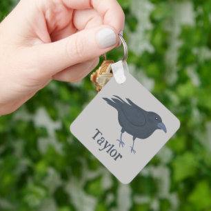 Black Crow Bird Illustration Personalised Key Ring