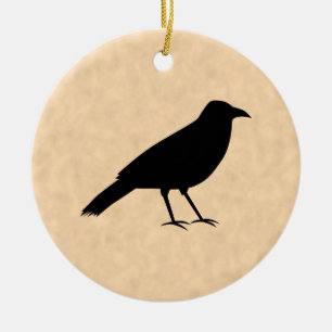 Black Crow Bird on a Parchment Pattern. Ceramic Tree Decoration