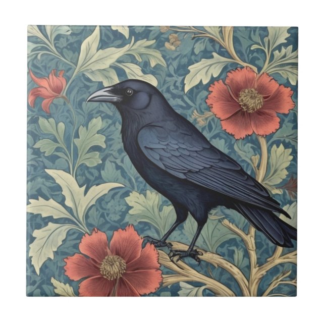 Black Crow Bird William Morris style Left facing Tile (Front)