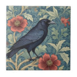 Black Crow Bird William Morris style Right facing Tile<br><div class="desc">"classy classic art nouveau", "black carrion crow Bird", "sage green woodland animals", "william morris ceramic tile", "leafy dark navy blue raven", "stylish red forest tree leaves", "right facing vintage birds", "wildlife garden animal on branch", "nature floral flower botanical", "leaf flowers traditional antique"</div>