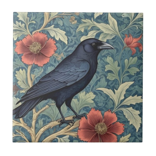 Black Crow Bird William Morris style Right facing Tile (Front)