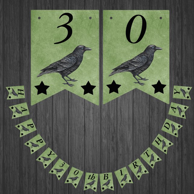 Black Crow Black Stars on Grunge Green Birthday Bunting (Standing black crow with two black stars on Gothic themed happy birthday bunting flag decoration.)