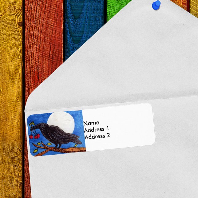 Black Crow Cherries Moonlight (Black crow holding cherries full moon on a branch return address labels.)
