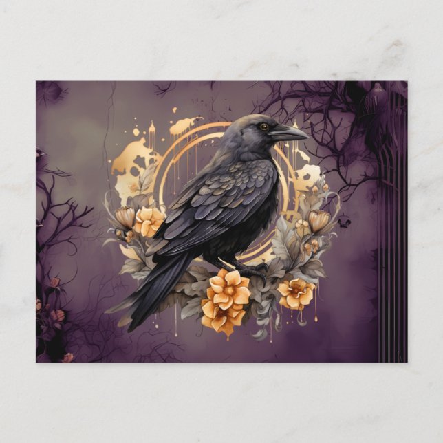 Black Crow Gold Grey Flowers Foliage Halloween Holiday Postcard (Front)