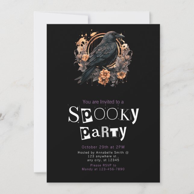 Black Crow Gold Minimalist Halloween Party Invitation (Front)