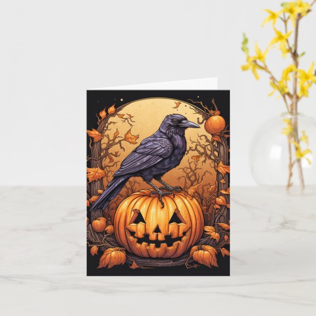 Black Crow Happy Halloween Card (Yellow Flower)