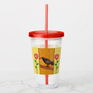 Black Crow on Branch Red Abstract Flowers Yellow Acrylic Tumbler