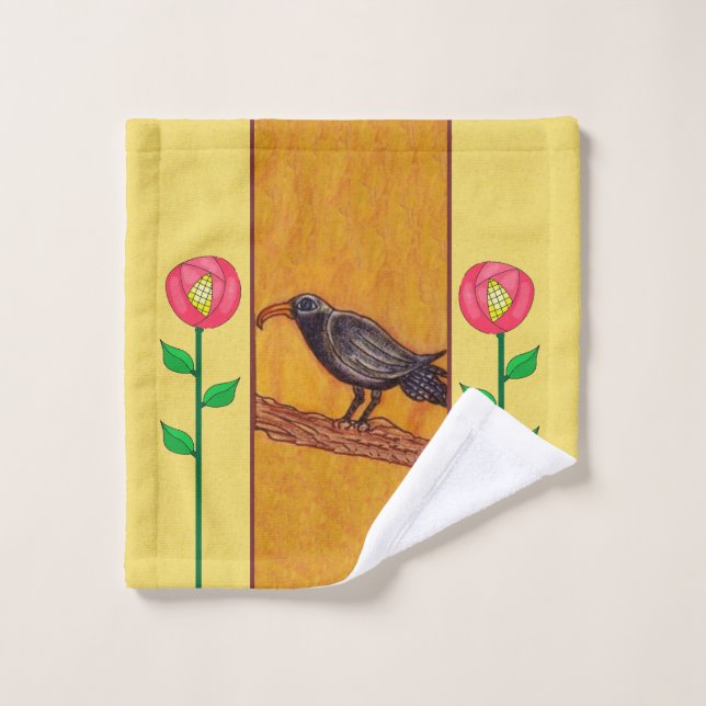 Black Crow on Branch Red Yellow Flowers Leaves Wash Cloth (Wash Cloth)