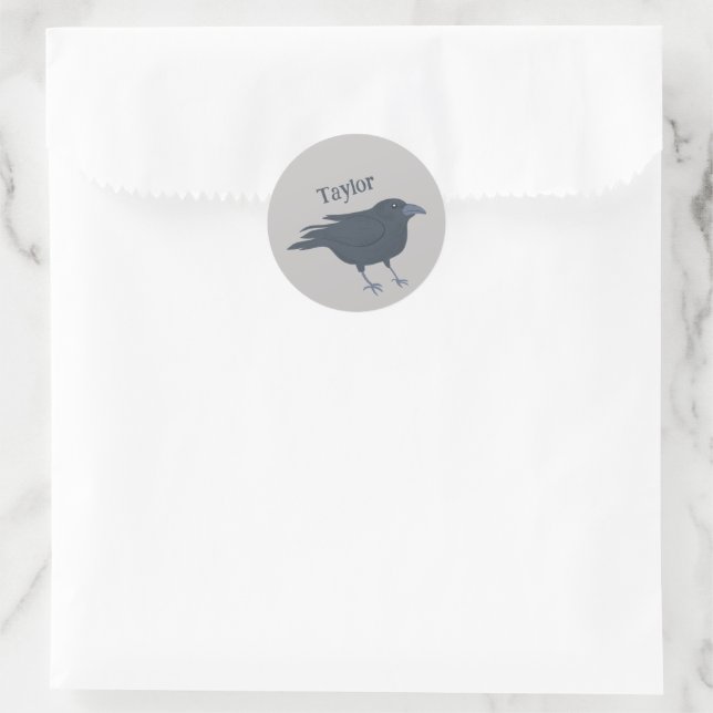 Black Crow on Grey Personalised Classic Round Sticker (Bag)