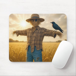 Black Crow Perched On a Scarecrow Mouse Mat