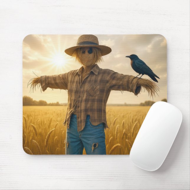 Black Crow Perched On a Scarecrow Mouse Mat (With Mouse)
