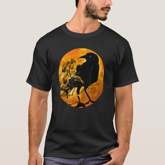 Black Crow Raven Bird & Spectre Against Orange Ful T-Shirt (Front)