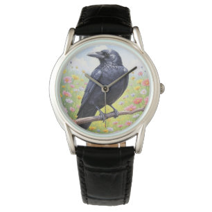 Black Crow Raven Floral Watch