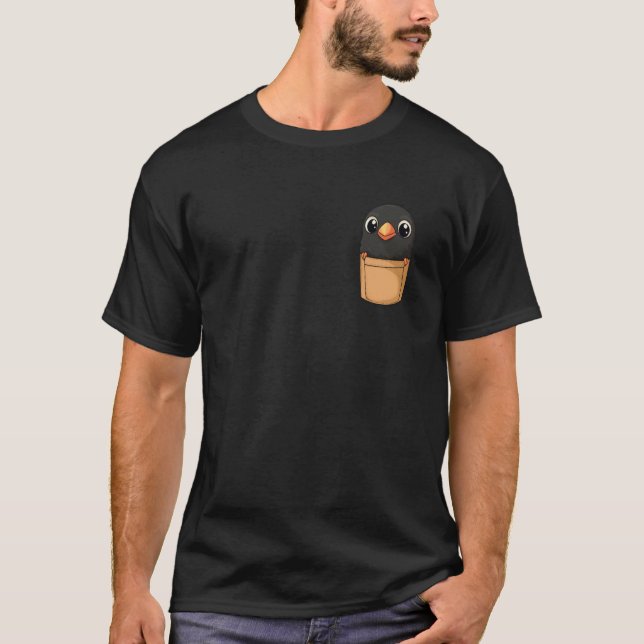 Black Crow Raven In Pocket Cartoon Graphic Bird T-Shirt (Front)