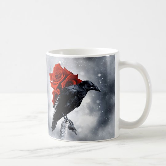 Black Crow Raven Red Rose Bird Gothic Coffee mug