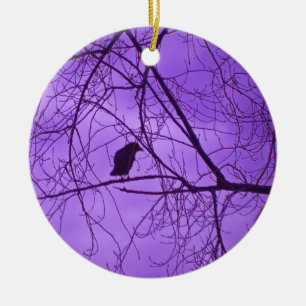 Black Crow Silhouette in Barren Branches Purple Ceramic Tree Decoration