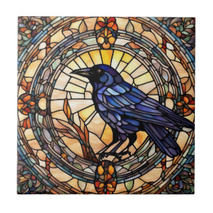 Black Crow Stained Glass Bird Tile