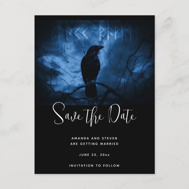 Black Crow with Runes Dark Goth Save the Date Invitation Postcard (Front)