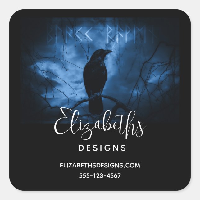 Black Crow with Runes Dark Goth Style Business Square Sticker (Front)