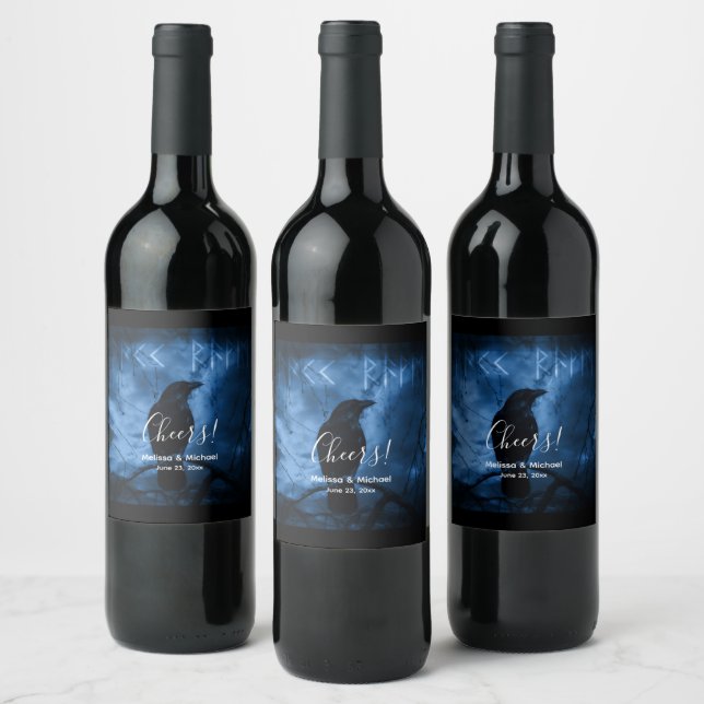 Black Crow with Runes Dark Goth Style Cheers Wine Label (Bottles)