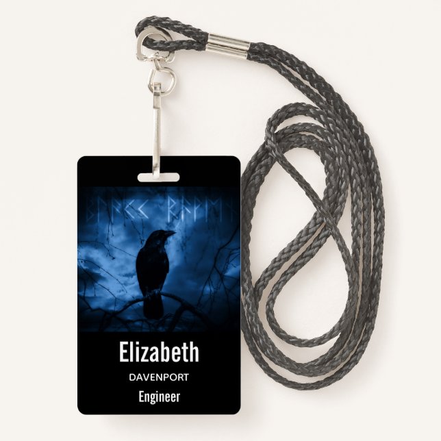 Black Crow with Runes Dark Goth Style ID Badge (Front with Lanyard)