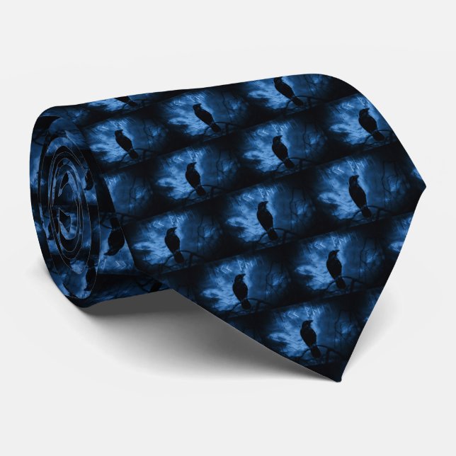 Black Crow with Runes Dark Goth Style Pattern Tie (Rolled)
