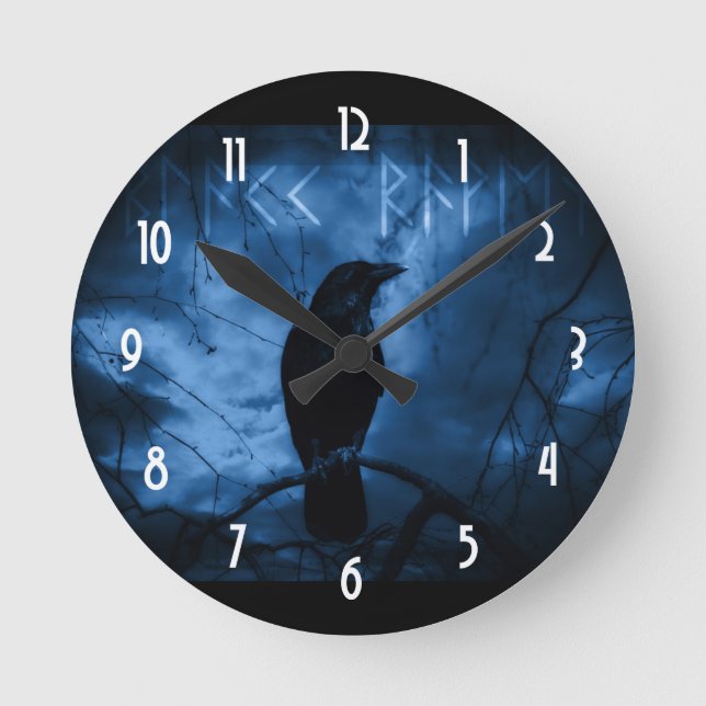 Black Crow with Runes Dark Goth Style Round Clock (Front)