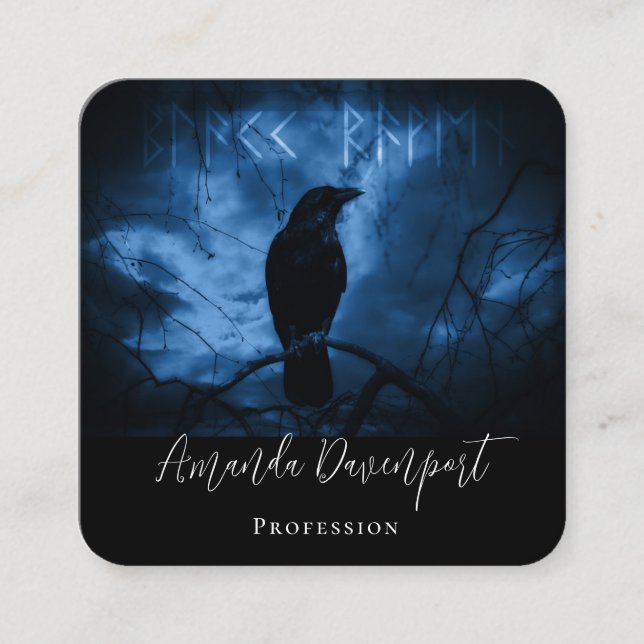 Black Crow with Runes Dark Goth Style Square Business Card (Front)