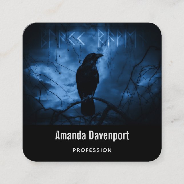 Black Crow with Runes Dark Goth Style Square Business Card (Front)