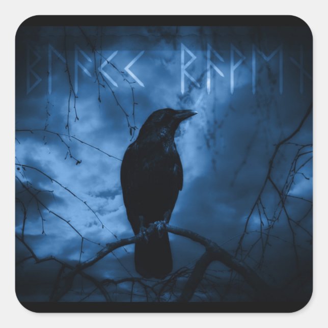 Black Crow with Runes Dark Goth Style Square Sticker (Front)