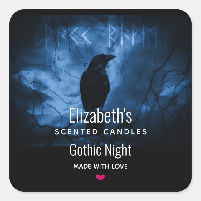 Black Crow with Runes Dark Goth Style Square Sticker (Front)