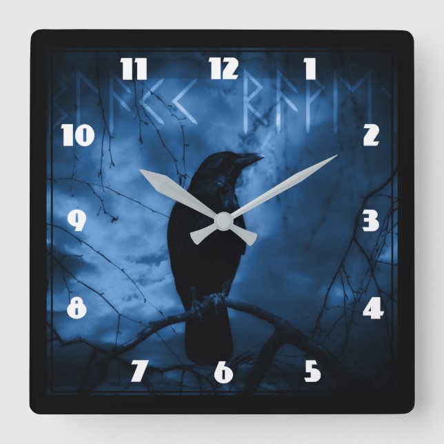 Black Crow with Runes Dark Goth Style Square Wall Clock (Front)