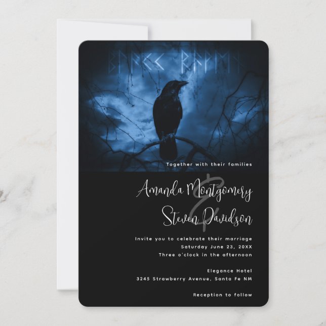Black Crow with Runes Dark Goth Style Wedding Invitation (Front)