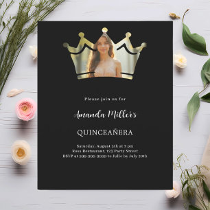 Black crown photo Quinceanera invitation