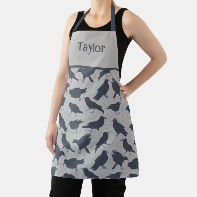 Black Crows Birds Grey Patterned Apron (Insitu)