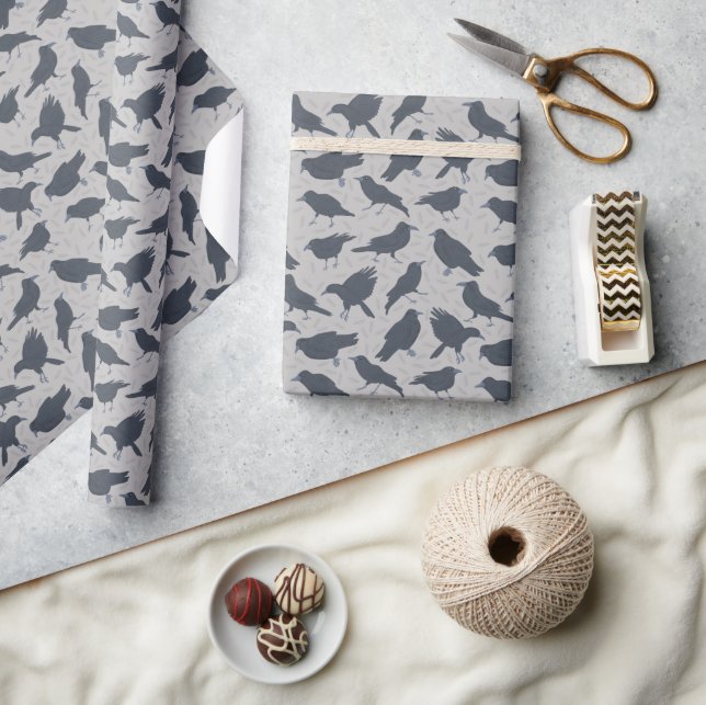 Black Crows Birds Grey Patterned Wrapping Paper (Crafts)