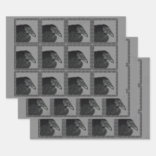 Black Crows Ornate Black Frame on Grey Wrapping Paper Sheet