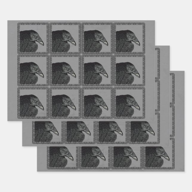 Black Crows Ornate Black Frame on Grey Wrapping Paper Sheet (Set)