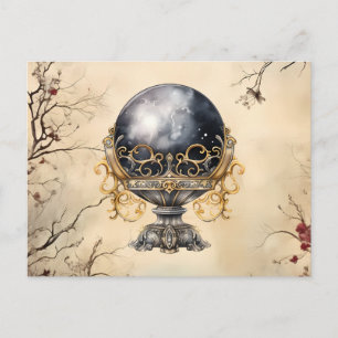 Black Crystal Ball Parchment Trees Leaf Halloween Holiday Postcard