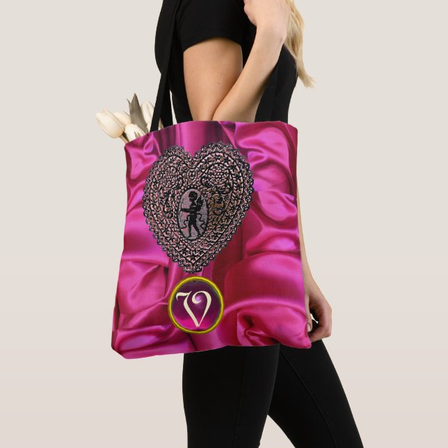 BLACK CUPID LACE HEART PINK FUCHSIA GEM MONOGRAM TOTE BAG (Close Up)