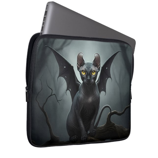Black Curled Ears Hairless Elf Sphynx Cat Bat Wing Laptop Sleeve (Front Right)