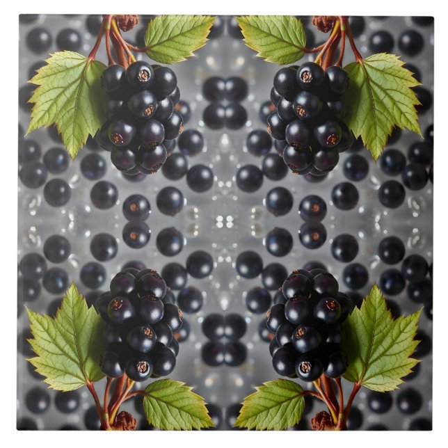 Black Currants Berries & Green Leaf Pattern Tile (Front)