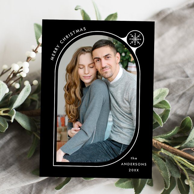 Black Curved Frame Snowflake Photo Holiday Card (Creator Uploaded)