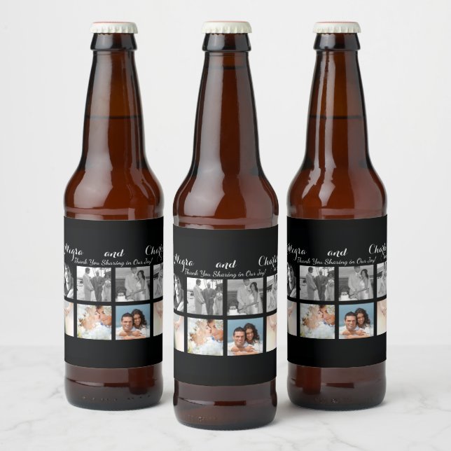 Black Custom 8 Photos Wedding Collage Beer Bottle Label (Bottles)
