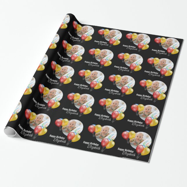 Black Custom Birthday Balloon Gift Wrapping Paper (Unrolled)