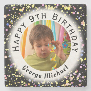 Black Custom Birthday Photo Watercolor Confetti Stone Coaster