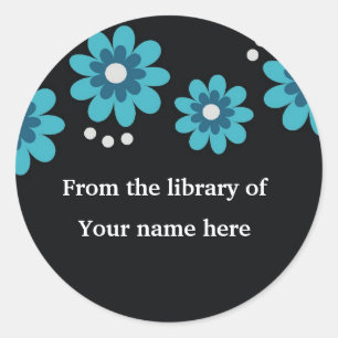 Black Custom Bookplates - Blue Flowers Classic Round Sticker