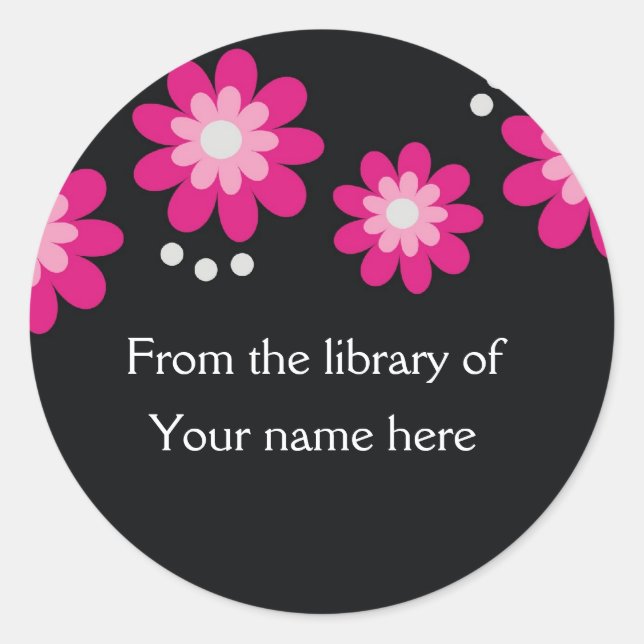 Black Custom Bookplates - Pink Flowers Classic Round Sticker (Front)