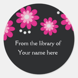 Black Custom Bookplates - Pink Flowers Classic Round Sticker