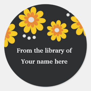 Black Custom Bookplates - Yellow Flowers Classic Round Sticker